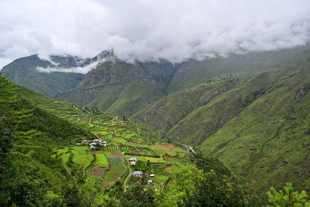 Terraced fields and villages in the valley below the farm